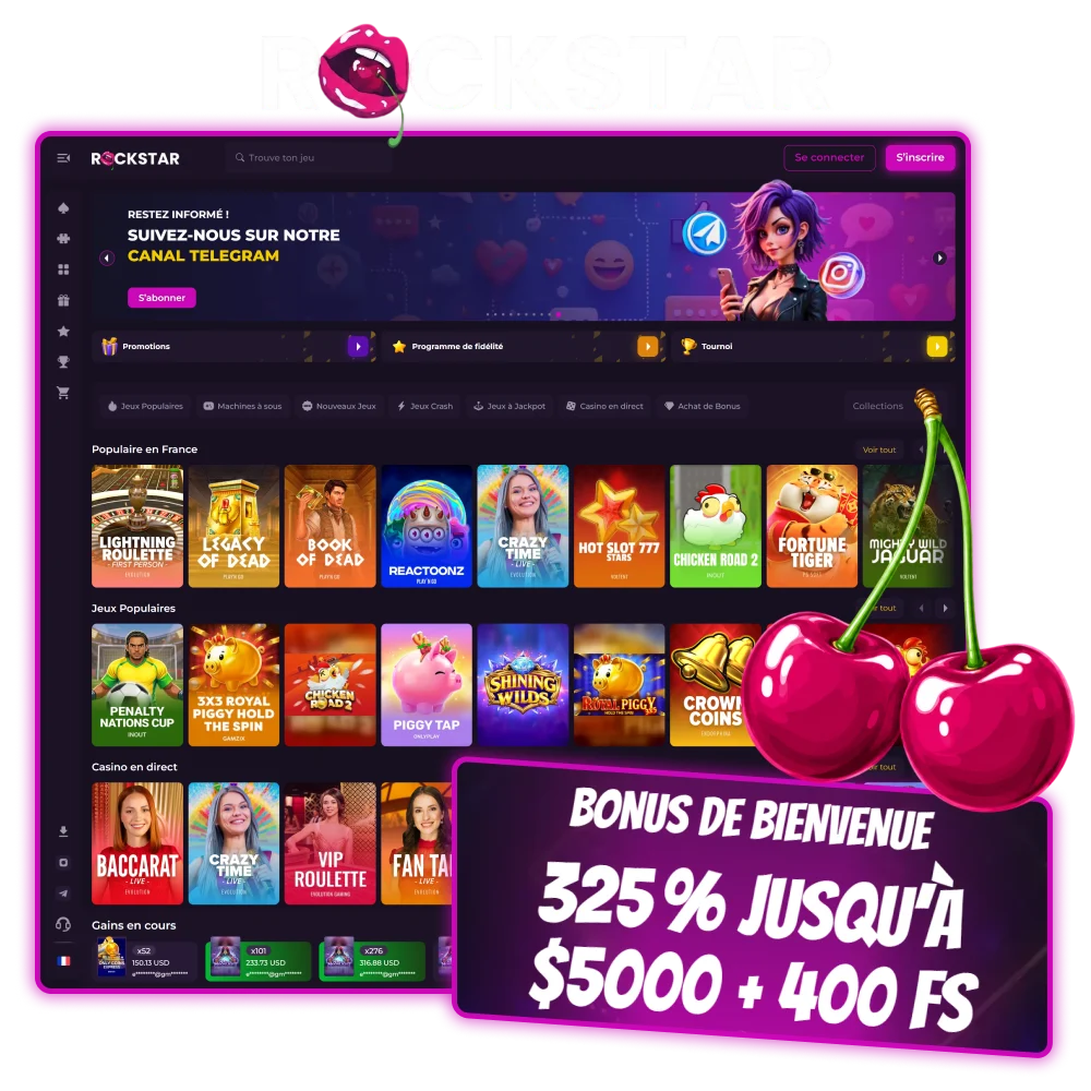 Jouez aux jeux de casino les plus populaires sur la plateforme officielle de Rockstar Casino en France.
