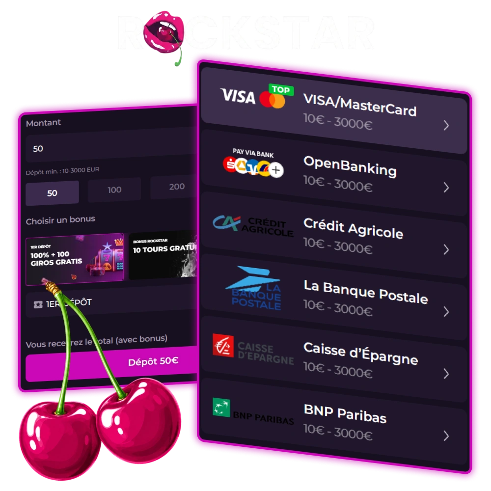 Découvrez tous les moyens de paiement disponibles sur Rockstar Casino.